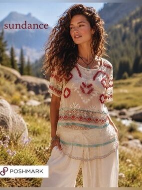 Sundance, Sheer Embroidered Boho Tunic Blouse Southwestern Folk Art Top Size Sm